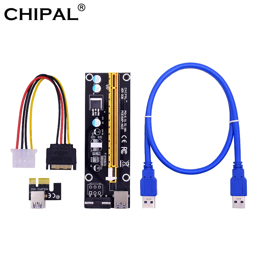 CHIPAL VER 006 PCI-E Riser Card PCIE 1X к 16X Extender с SATA на 4Pin Molex Мощность кабель 0 6 м USB 3 для Bitcoin Miner |