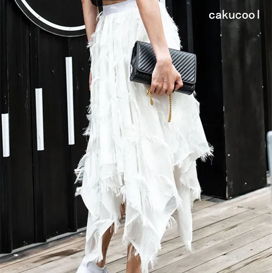 Cakucool Для женщин Фея Асимметричная юбка Ленточки Юбки для Белый Черный шифон поп
