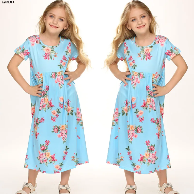 Летний сарафан для девочек повседневные Длинные Платья с цветочным принтом и