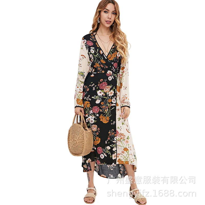 Женское богемное пляжное платье макси с длинным рукавом и V образным