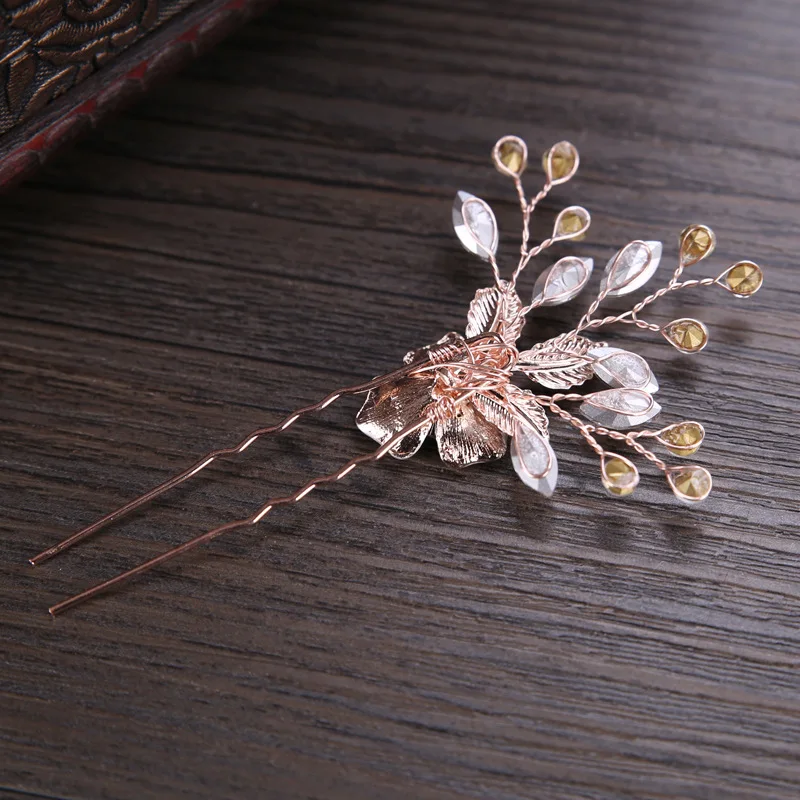 SLBRIDAL Handmade Crystals Flower Leaf Wedding Hair Pin Sticker Bridal Accessories Headpiece Bridemaids Jewelry Women | Украшения и
