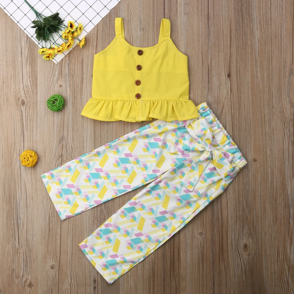 Summer Toddler Baby Girl Clothes Sets Sleeveless Ruffle Sling Yellow Tops Long Pants Outfits Sunsuit | Детская одежда и обувь