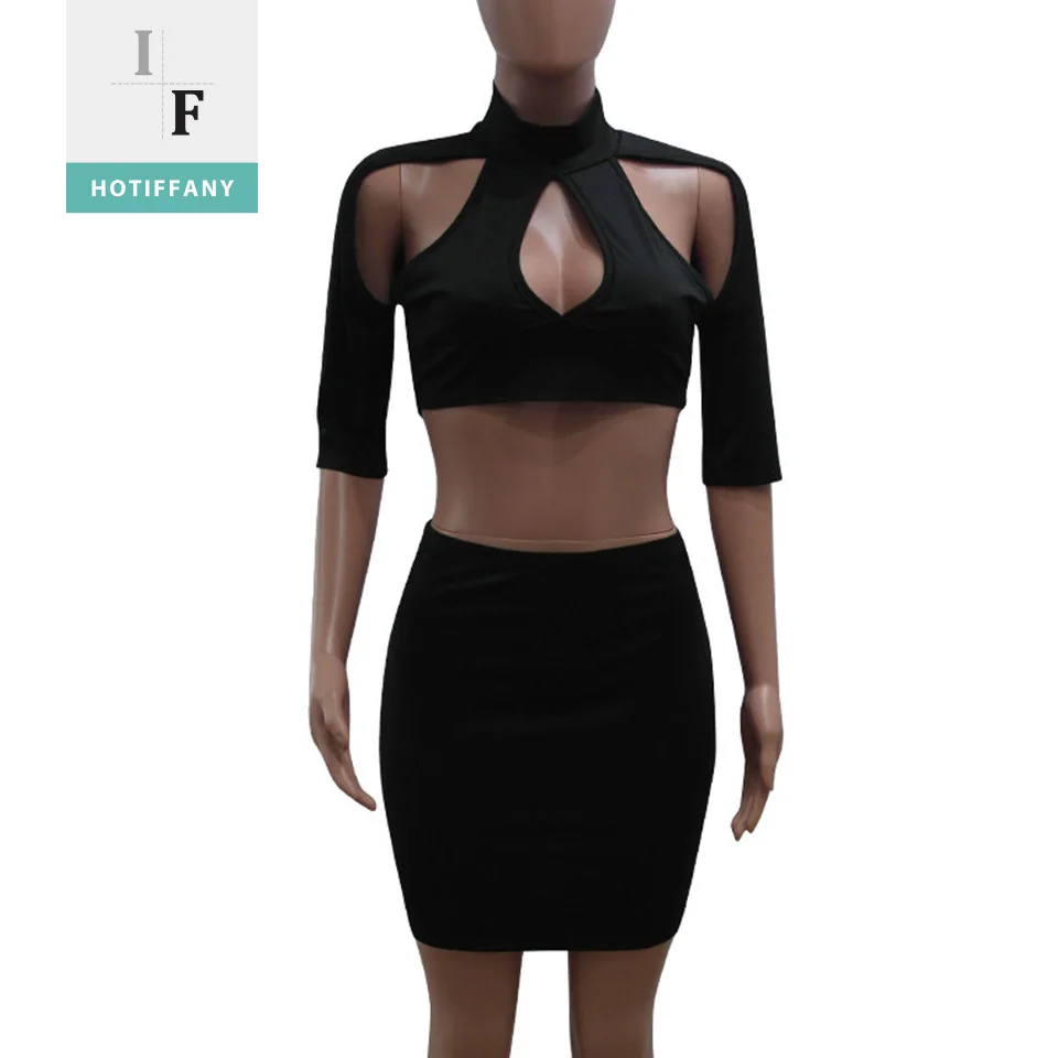 HOTIFFANY 2 Piece Set Women Skirt Suits 2018 Summer Black Sexy T Shirts Tops Femme Three Quarter Bodycon Solid Skirts Hollow Out | Женская