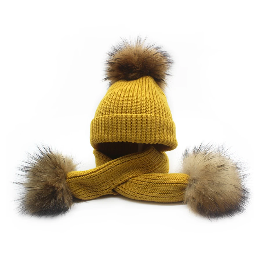 Фото New Winter Baby Girls Boy Real Raccoon Knitted Hat Scarf Set With Fur Pompom Ball Caps Children Hats Kids Warm Beanie Suits New Winter Baby Girls Boy Real Raccoon Knitted Hat Scarf Set With Fur Pompom Ball Caps Children Hats Kids Warm Beanie Suits
