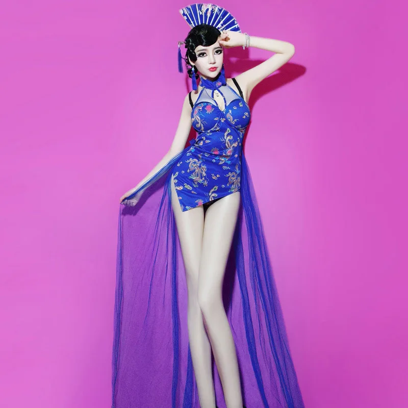 Новинка, Женский костюм в винтажном стиле синего цвета; с принтом костюм Cheongsam Дракон DS вечерние DJ для пения, танцев в сеточку Одежда для сценических выступлений