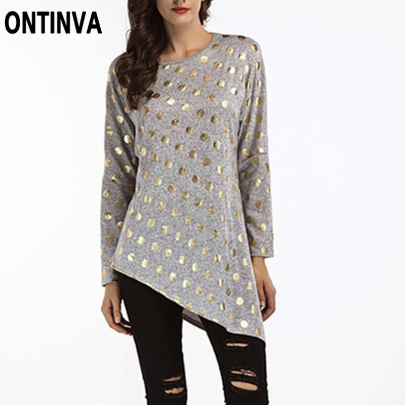 Женские футболки в Золотой горошек с принтом круглый вырез длинный рукав