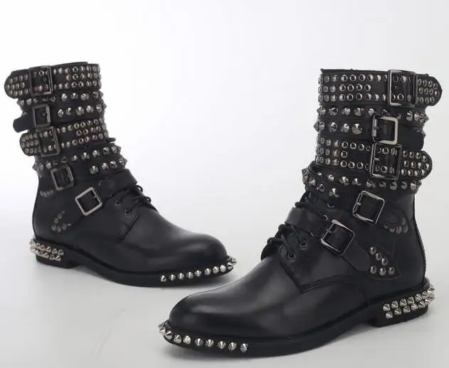 

Spring Hot Black Smooth Leather Women Fashion Motorcycle Boots Pointed Toe Stud Buckles Ladies Martin Boots Knight Style Boots