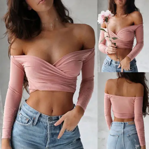 Женский топ с открытыми плечами облегающий короткий треугольным вырезом