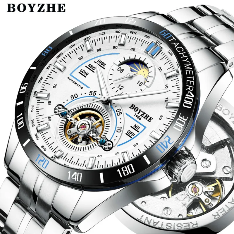 

Mannen Automatische Mechanische Sport Mode Luxe Lichtgevende Tourbillon Waterdicht Roestvrij Staal Horloges Relogio Masculino