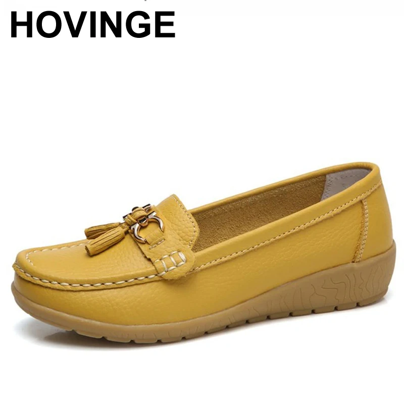 

HOVINGE de primavera mujer zapatos de cuero genuino moda casual mocasines fringe slip-on redonda dedo del pie sólido zapa