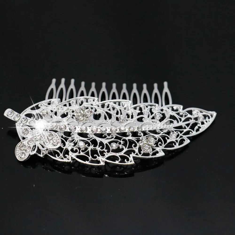 Trendy Hairwear Flower Crystal Wedding Tiara Handmade Silver Plated Leaf Bridal Hair Comb Fashion Jewelry Accessories Ornaments | Украшения