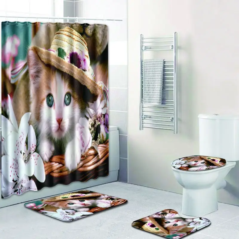 Занавески для душа в виде кошек набор ковриков ванной 4 шт. аксессуары занавески с