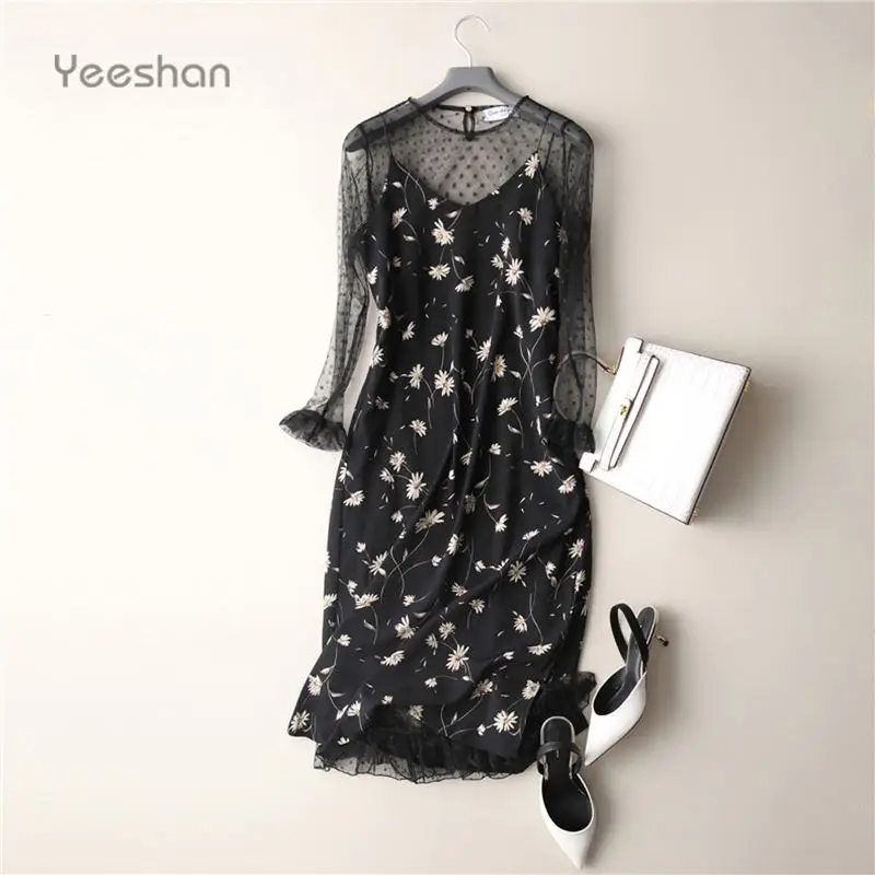 Yeeshan Богема Кружева Dress Женщины Полный Рукав Сексуальные Платья Лето Черный