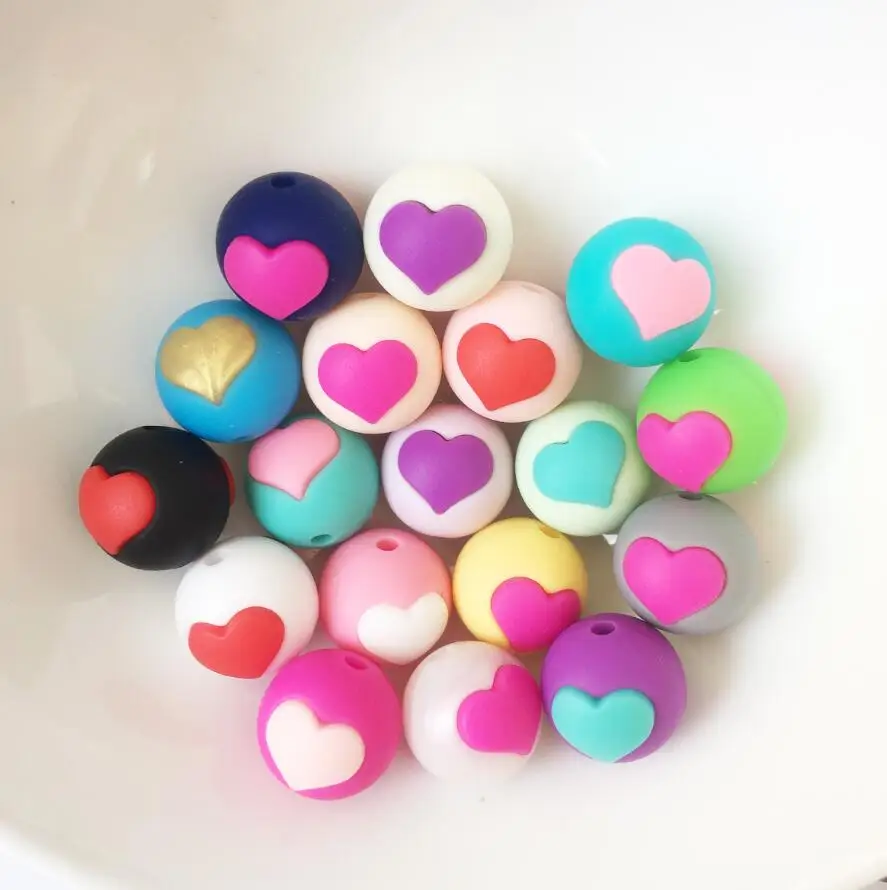 MIXED colors 20 штук силиконовый Цветные Носки с рисунком в форме сердца, круглые бусины-Силиконовое Зубное свободные бусины для изготовления ожерелья, сделай сам-прорезыватель без BPA свободные бусины - Цвет: MIXED colors