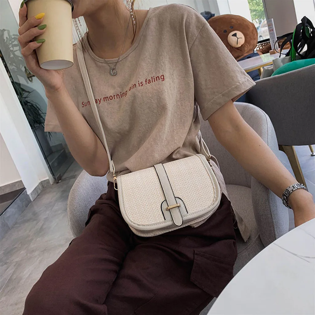 Женская плетеная Сумка через плечо Повседневная сумка из соломы полукруглая седло квадратная ведро