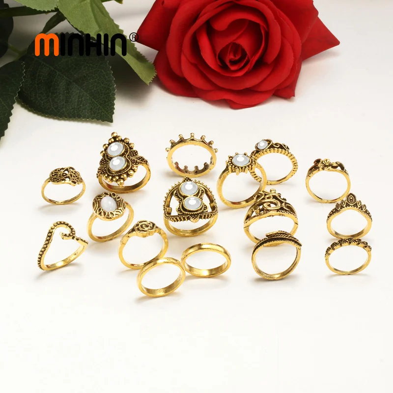 MINHIN 16 PCS/Set Vintage Knuckle Opal Finger Ring Set Flower Heart Design Rings For Women Ethnic African Wedding Jewelry |