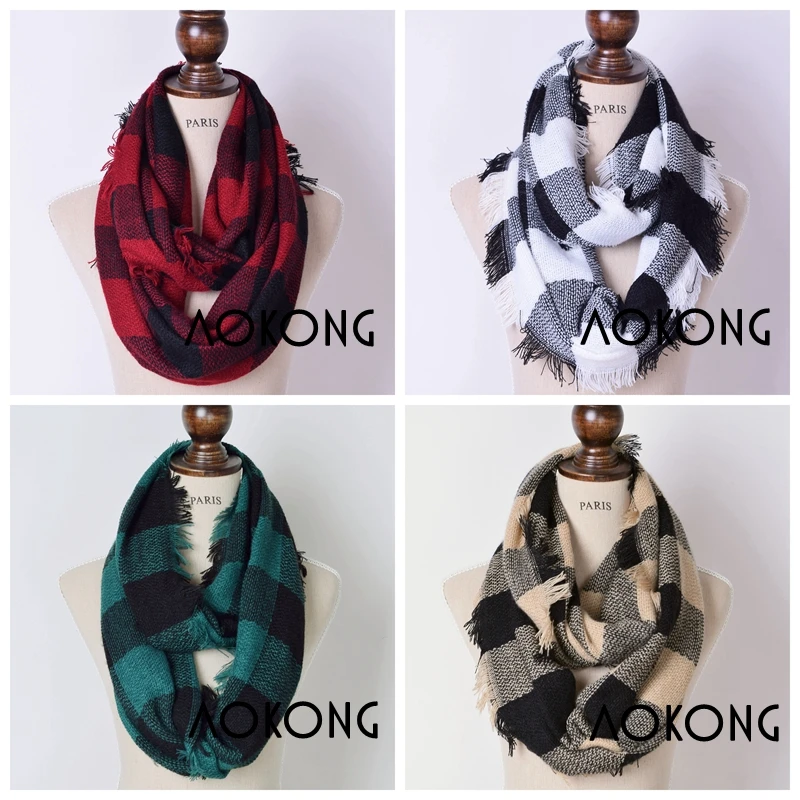 Зимний шикарный вязаный клетчатый шарф в клетку Женская шаль Бандана с петлей