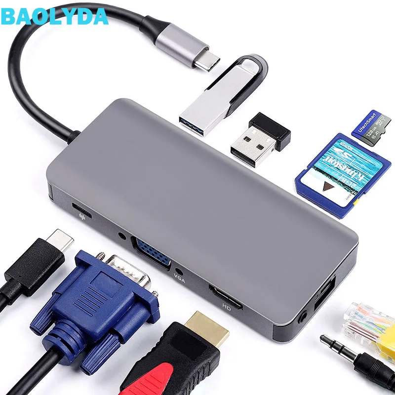 Baolyda USB C HUB 9 в 1 адаптер Thunderbolt 3 Type HDMI VGA 4K Gigabit Ethernet Montiport Adater для Macbook Pro c PC|Адаптеры
