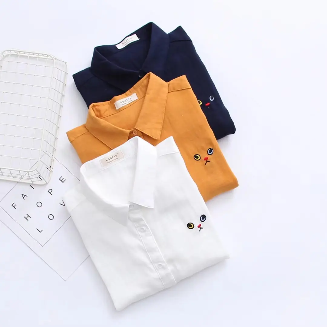 2018 весна осень Женская хлопковая свежая блузка с вышитым котом длинным рукавом