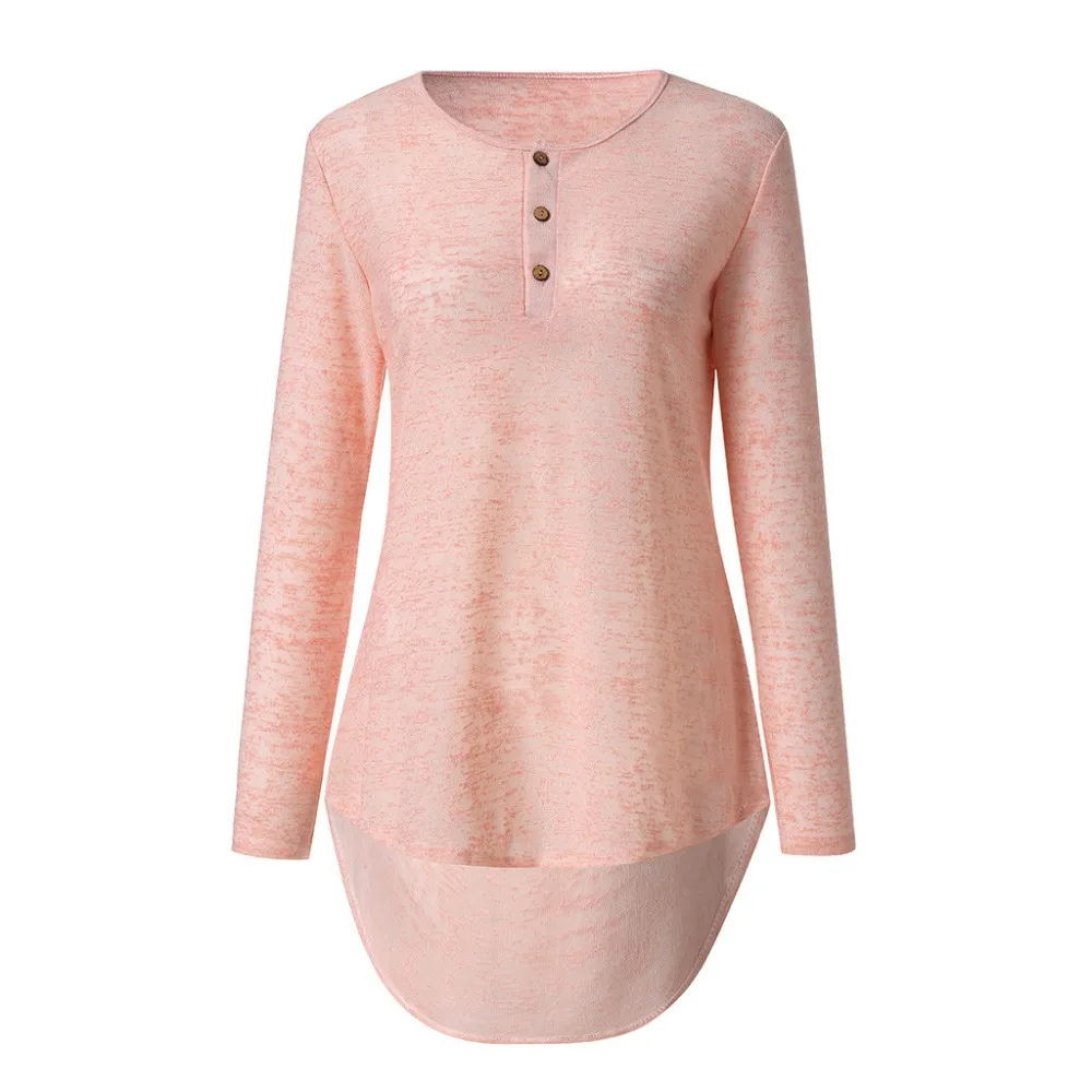 Hot Sale Women Spring Autumn Casual Design Buttons Long Sleeve T-Shirt New Fashion Solid O-neck Pullover Top Pink Female T-shirt | Женская