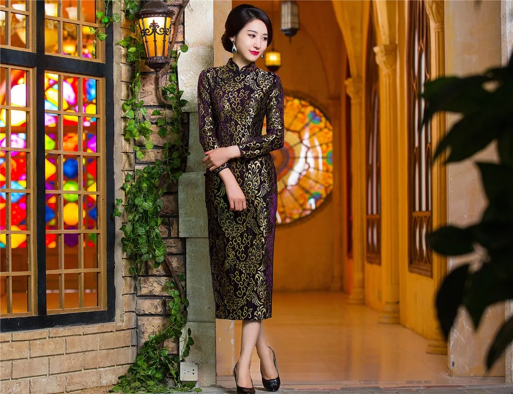 

Shanghai Story Velvet Cheongsam Dress Long Sleeve Vintage Long Qipao Dress Chinese Traditional Dress For Woman