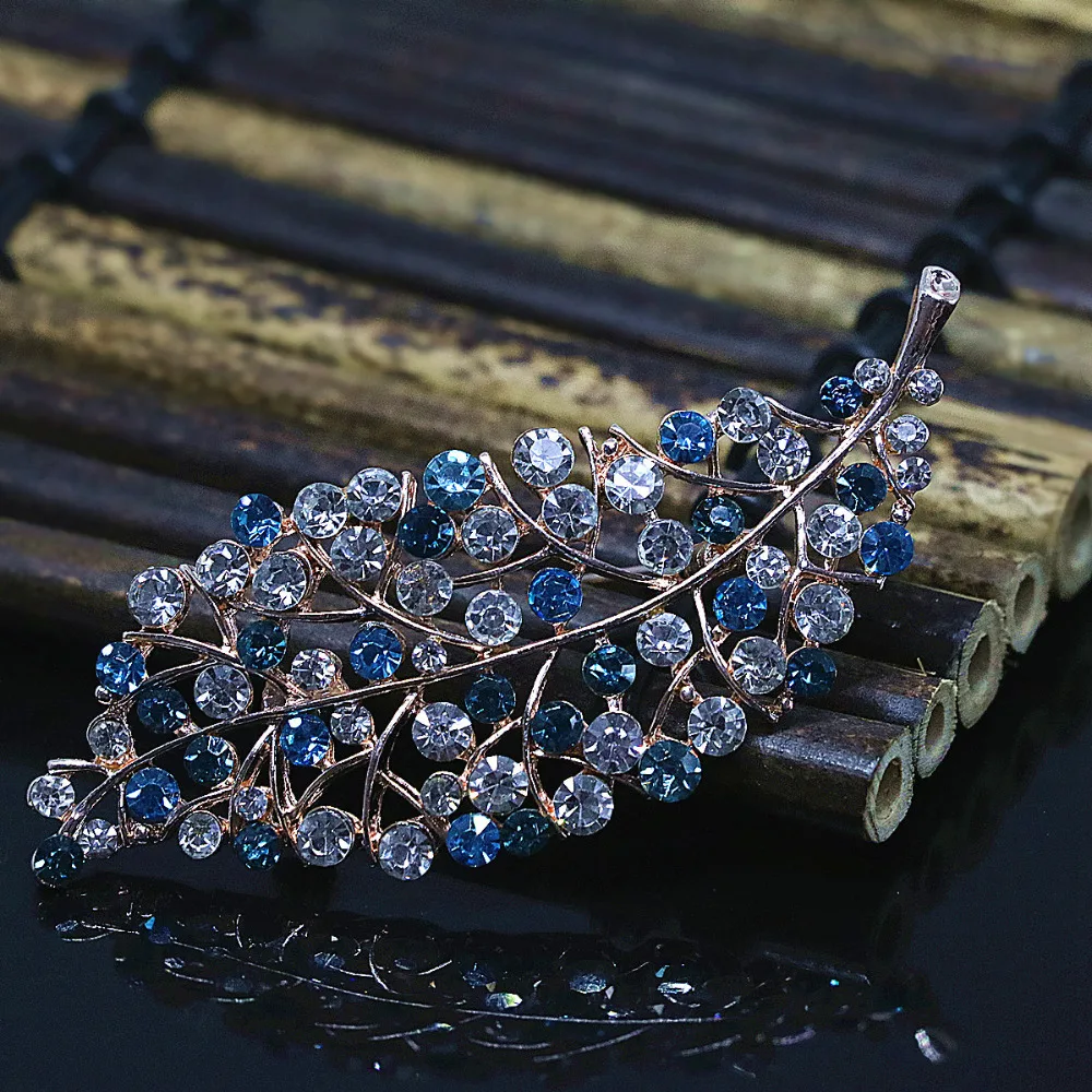 

European crystal large leaf brooches rose gold-color 8 colors fashion rhinestone women clothes pin jewelry B1440