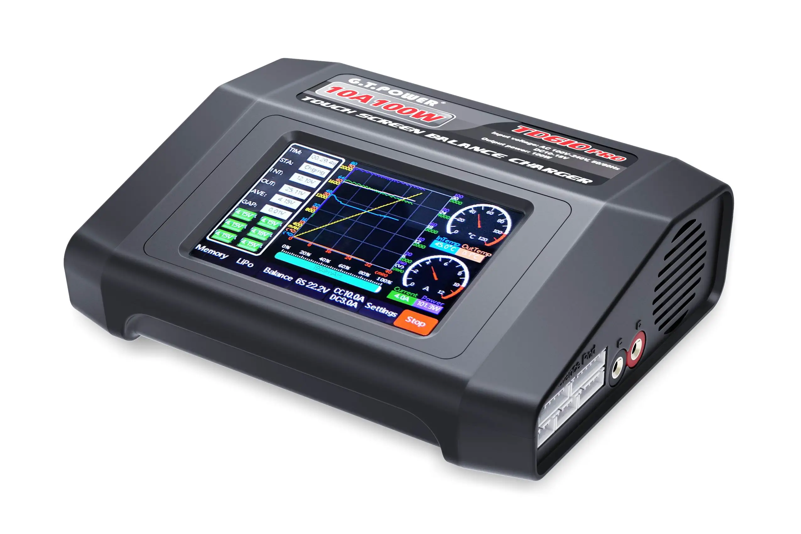 

JMT GTP TD610 PRO AC 100-240V Input Colorful Touch Screen 100W 10A Balance Charger for 1-6S LiPo Lilon LiFe LiHV 1-14S NiCd NiMH
