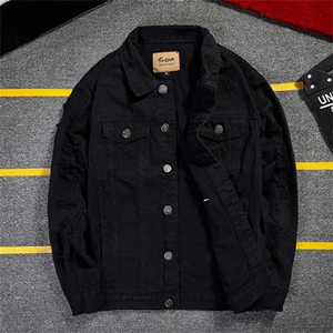 Новинка, 5XL 4XL, розовые рваные джинсовые куртки для мужчин/женщин, в стиле хип-хоп, с дырками, Повседневная модная уличная одежда, однотонная мужская джинсовая куртка - Цвет: B051 black