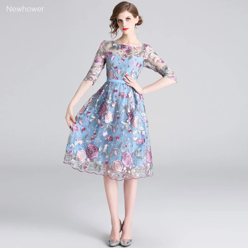 Newhower Vogue тренд для женщин летние платья кружево сетки Вышивка Питер Пэн воротник