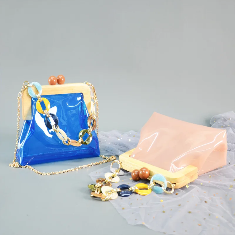 Прозрачная Желейная сумка на цепочке Сумочка плечо с деревянным зажимом Женский