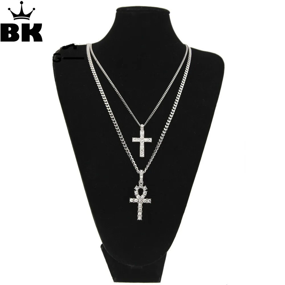 Мужские Посеребренные стразы со льдом крест подвеска и ножной ключ жизни