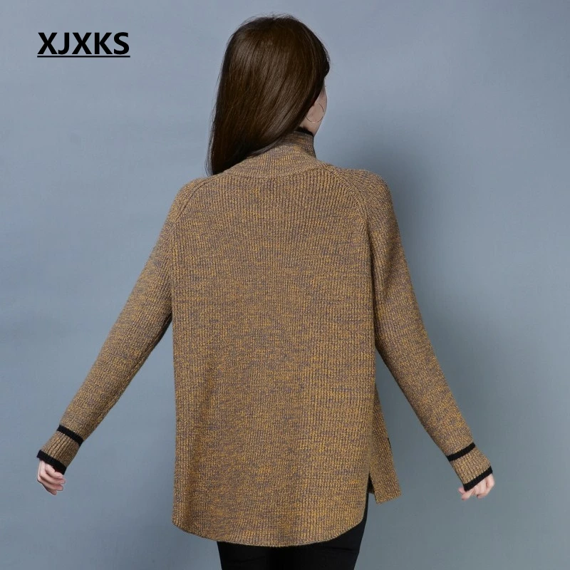 XJXKS irregular hem comfortable zipper women turtleneck sweater high elasticity 2019 new fashion pullover | Женская одежда