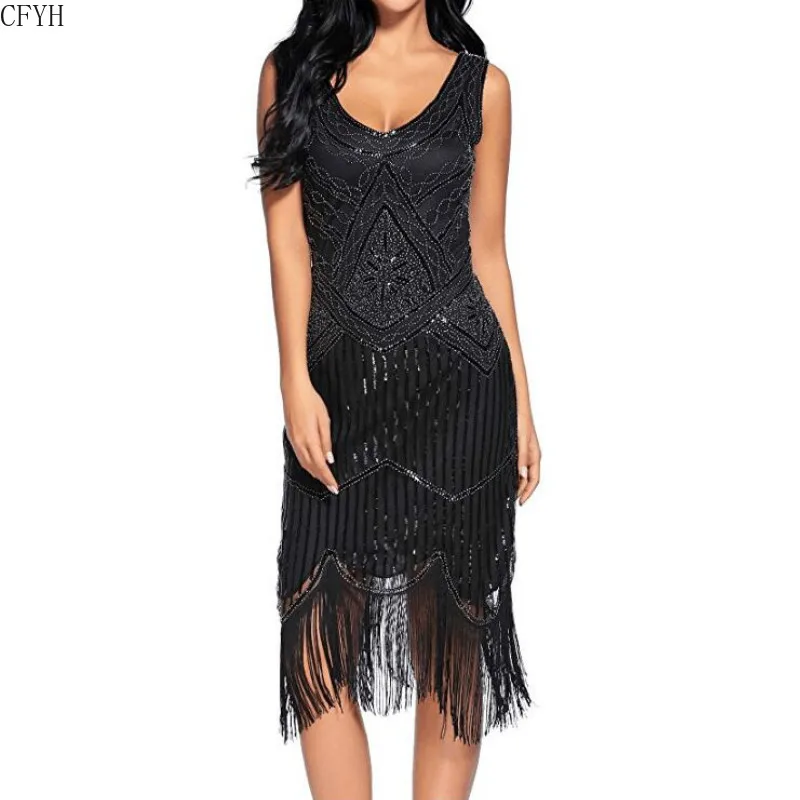 Женское винтажное платье Great Gatsby 1920 года, платье с блестками, с круглым вырезом, с кисточками, облегающее, с бисером, макси, вечерние платья, длинные платья