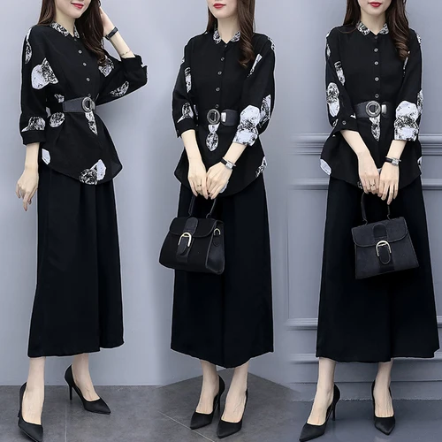 

Spring 2 Piece Set Women Black Wide Leg Pants Casual Pantalon Taille Haute Femme Conjunto Feminino Survetement Femme 2 Piece