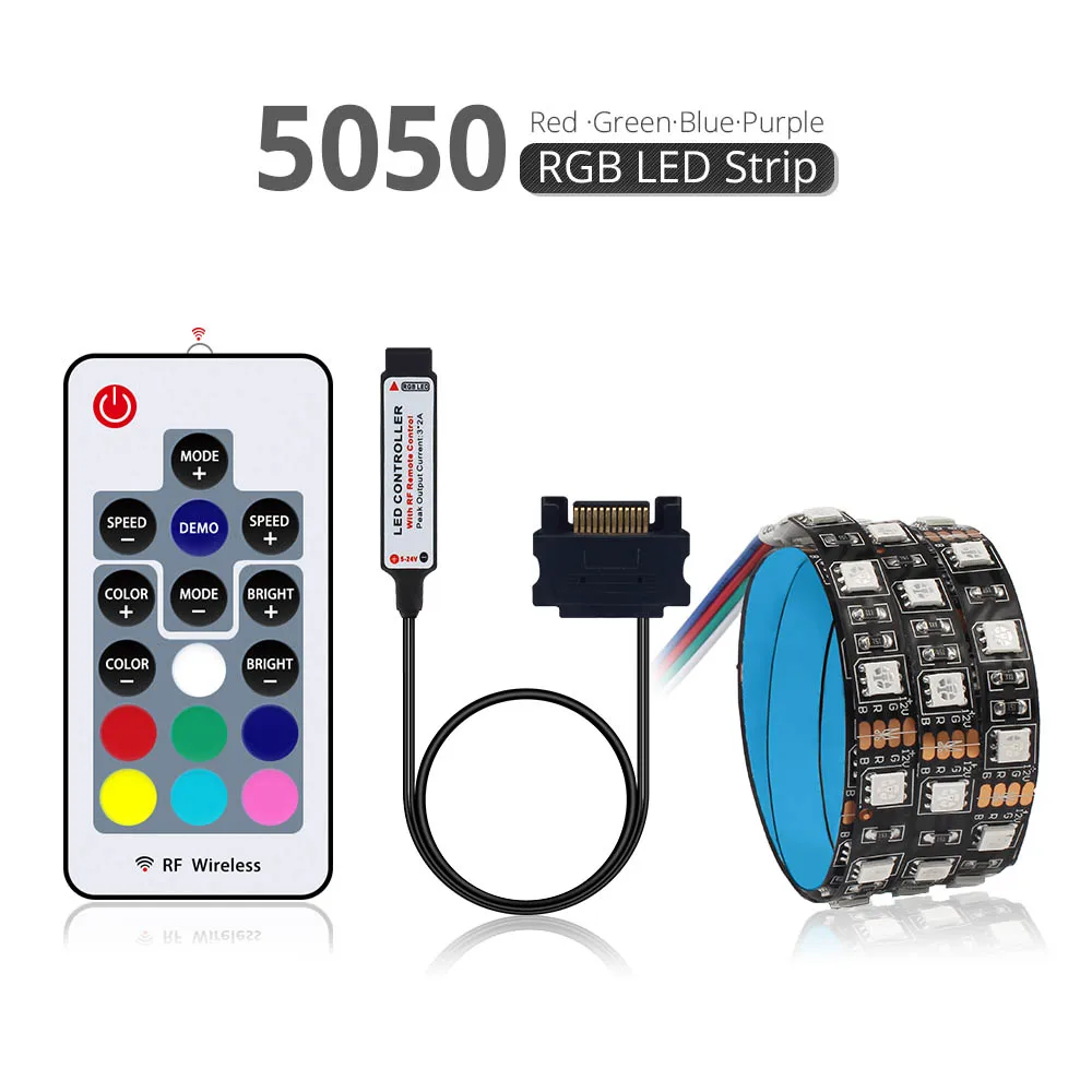 60 Светодиодный светильник s/m RGB 5050 для ПК, чехол для компьютера, интерфейс SATA+ 17key RF пульт дистанционного управления, беспроводной 50 см 1 м 1,5 м 2 м
