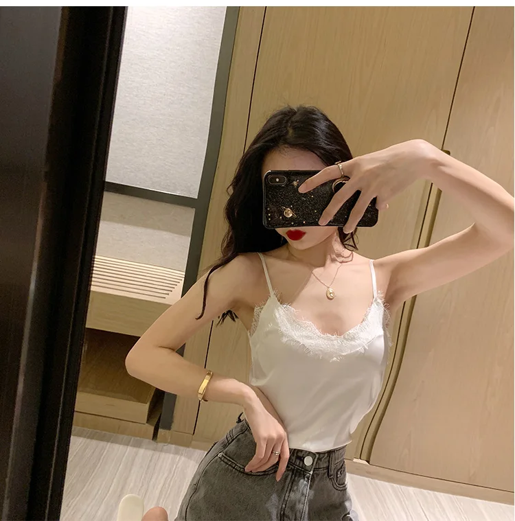 Lace Trim Double V Neck Satin Silk Top Sexy Tops for Women Fitness Tank Top White Elegant Workwear Women's Sleeveless Tops