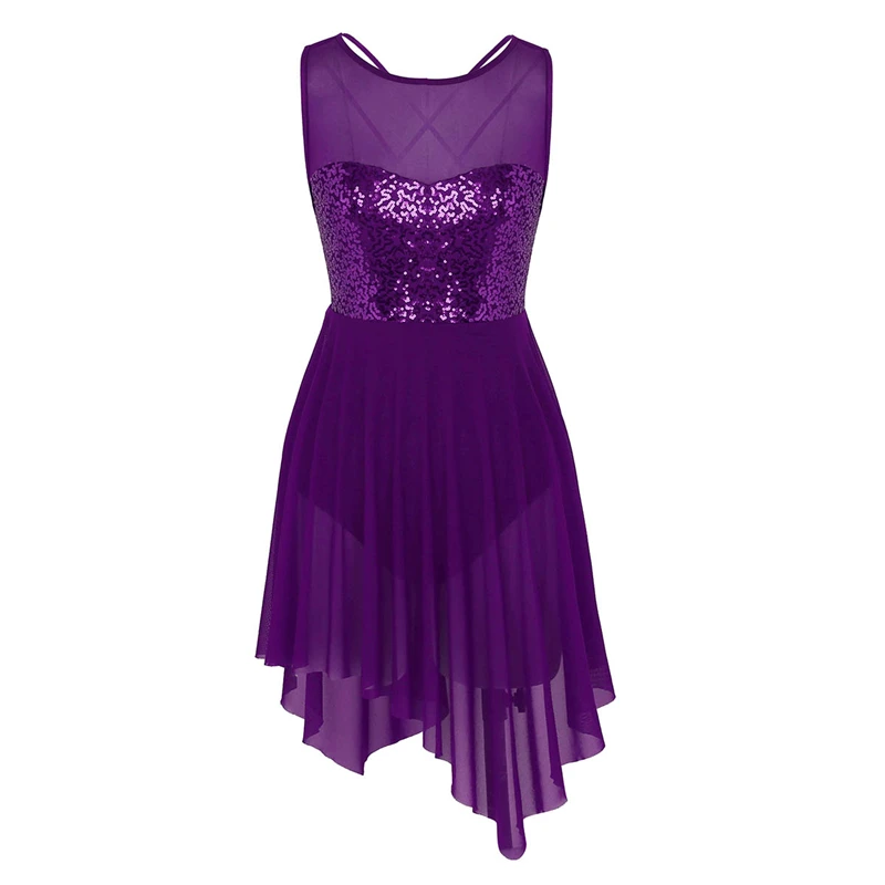Dark Purple Новинка, женское платье, без рукавов, с блестками, асимметричное, Сетчатое, для балета, для танцев, трико, гимнастика, трико балерины, Боди для танцев - Цвет: Dark Purple