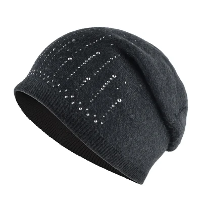 Повседневные вязаные шапки из кроличьей шерсти, женские шапки skullies, зимние шапки для девочек, мигающие бриллианты, двухслойная женская шапка gorros - Цвет: Темно-серый