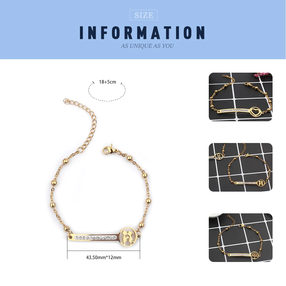 FINE4U B134 Luxury Zircons Jewelry Stainless Steel Link Chain Bracelet Heart Tree Of Life Coins Bracelets For Women | Украшения и