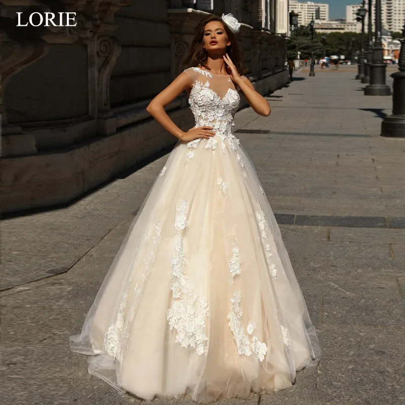 

LORIE Champagne Lace Wedding Dresses Beach Bridal Gowns illusion Tulle Boho Princess Party Gowns Vintage Custom Made Plus Size