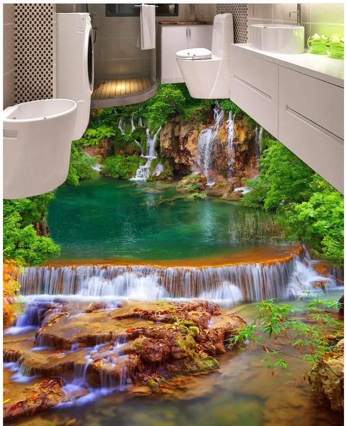 Фотообоями пол горная река водопад Ванная комната Спальня 3D самоклеящийся |