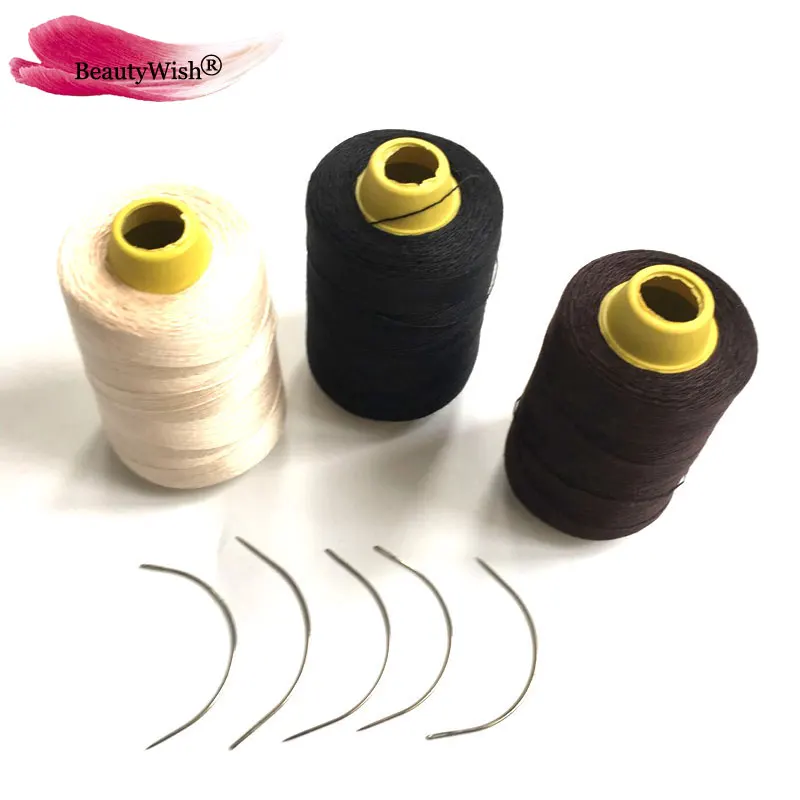 Черная нить для плетения волос, 1 рулон, с 5 иглами, коричневая и бежевая уточная нить