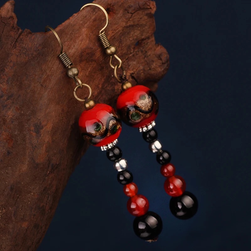 NEW MYWINY OWN DESIGN colorful glass glazed vintage ethnic earrings women red and black green nature beaded | Украшения и