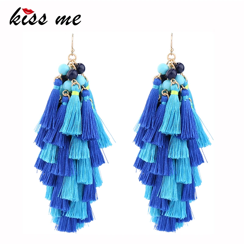

KISS ME Bohemian Beads Blue Layered Tassel Earrings Ethnic Style Dangling Big Long Earrings for Women Jewelry
