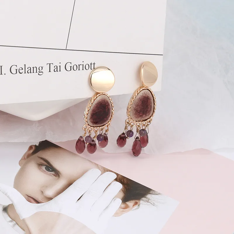 XQ wine red ceramic stone inlay drop pendant earrings alloy faceted glass fashion new jewelry accessories | Украшения и