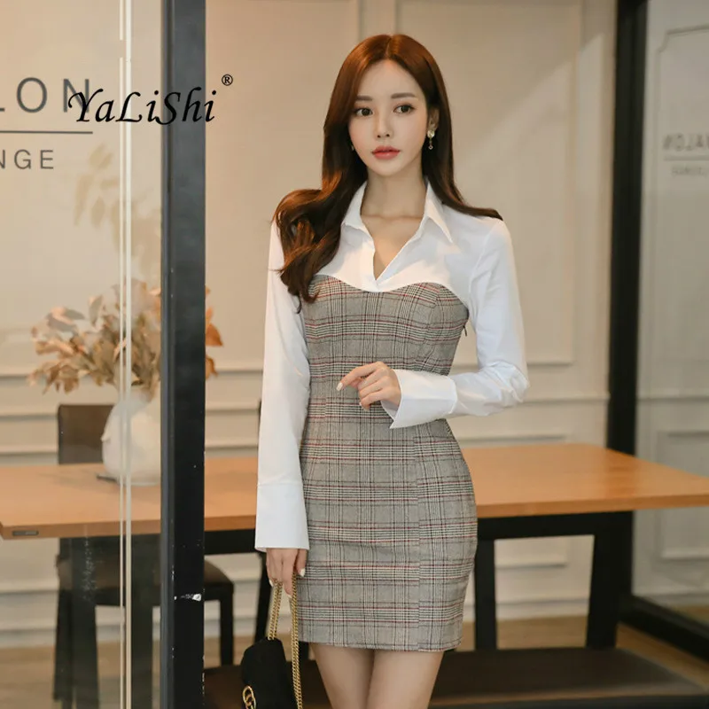 Платье Карандаш больших размеров 2018 осеннее женское серое клетчатое платье с