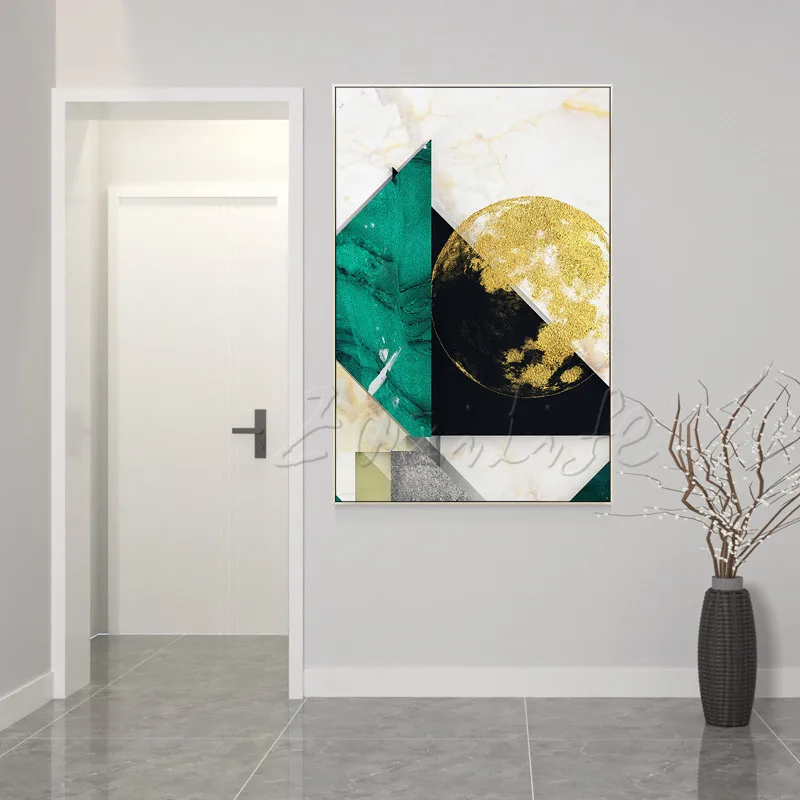Геометрическая треугольная Золотая земля шар темно зеленая картина акриловая