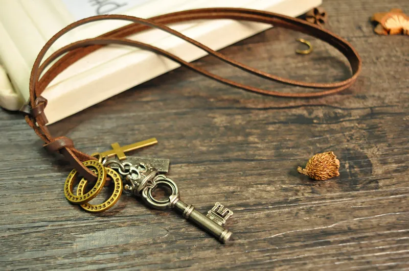 Men Women Leather Necklaces &amp Cross Key Pendants Fashion Vintage Statement Chokers Brown Real Cord Movable 50-70cm | Украшения и