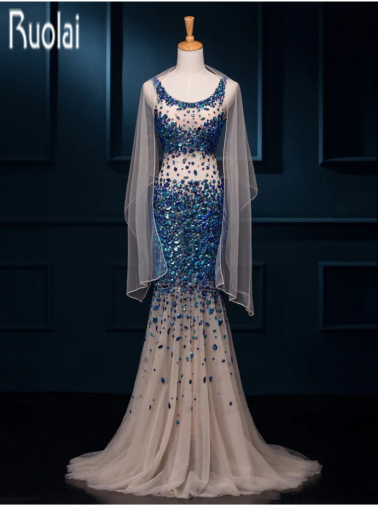 Koop Nieuwe Collectie Luxe 2016 Marineblauw Champagne Tulle Mermaid Heavy Kralen Crystal See Through Formele Lange Avondjurken