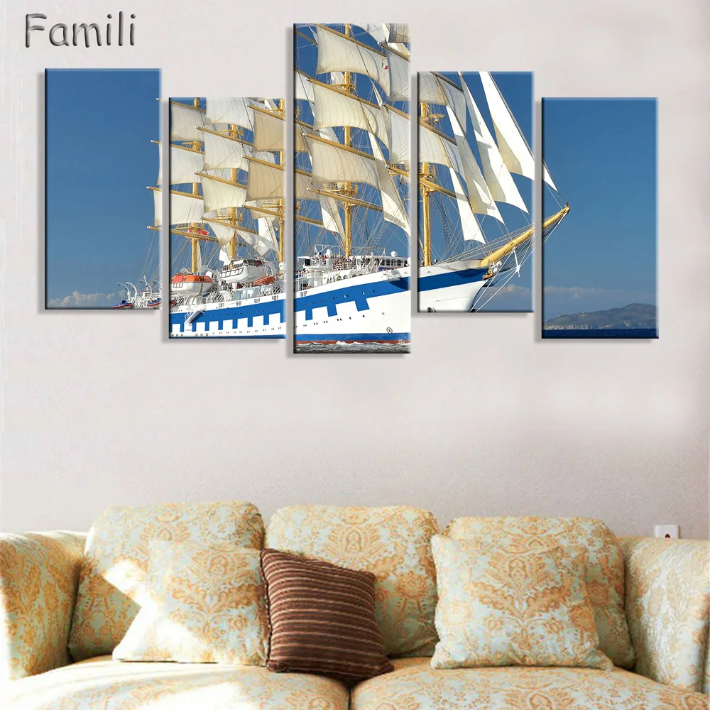 

5Pcs No Frame Seascape Sailing Boat Blue Sea Wall Art Oil Painting On Canvas For Home Wall Art Picture Customized and Wholesale